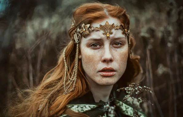 Взгляд, девушка, украшения, стиль, портрет, фэнтези, рыжая, слёзы