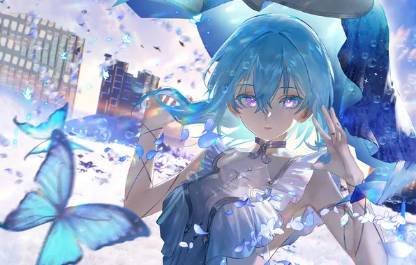 Бабочки, дома, Аниме, Anime, голубые волосы, Anime girls, Аниме девушки, Jin Sumire