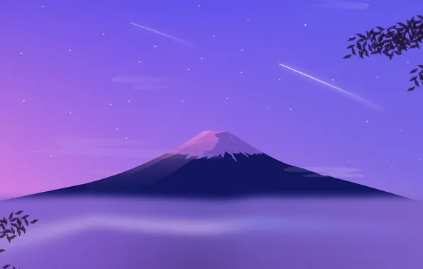 Небо, звезды, пейзаж, природа, туман, минимализм, арт, гора Фуджи