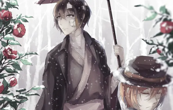 Зима, снег, цветы, зонт, парни, камелии, Bungou Stray Dogs, Бродячие Псы: Литературные Гении