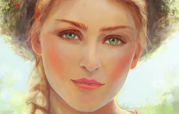 Картинка глаза, девушка, лицо, зеленые, коса, живопись, green eyes