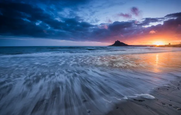 Картинка море, закат, Англия, England, Корнуолл, Cornwall, Залив Маунтс, Mount's Bay