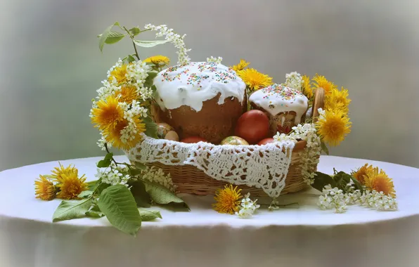 Листья, цветы, стол, корзина, яйца, пасха, натюрморт, одуванчики