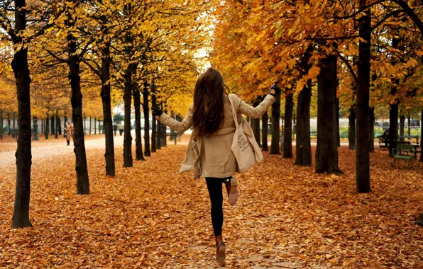 Картинка осень, девушка, деревья, парк, листва, листопад
