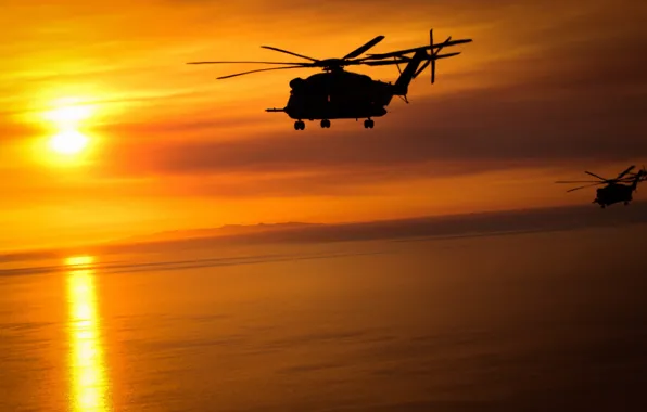 Картинка авиация, закат, полёт, Sikorsky, вертолёты, CH-53