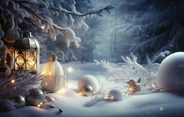Картинка зима, лес, снег, украшения, ночь, lights, шары, елка