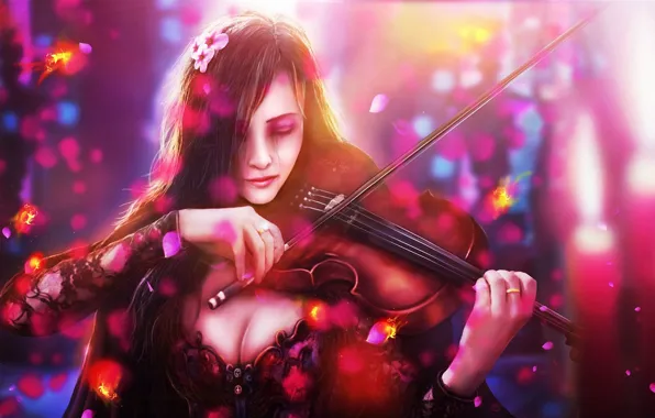 Картинка цветы, девушка, арт, грусть, скрипка, рыбки