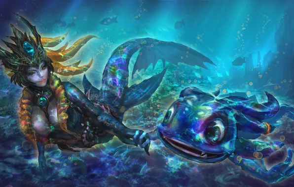 Картинка океан, под водой, League of Legends, Nami, Fizz, Tidecaller, Tidal Trickster