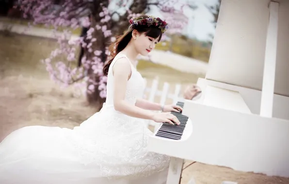 Девушка, музыка, рояль, азиатка