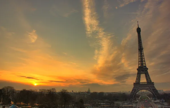 Закат, эйфелева башня, париж, франция