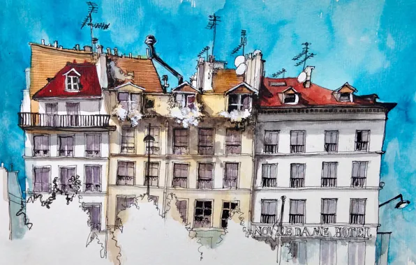 Город, рисунок, Париж, дома, акварель