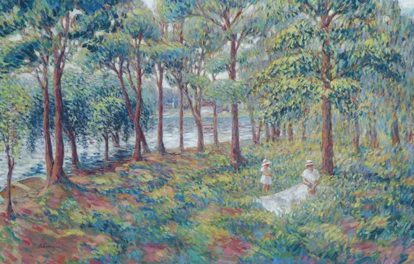 Деревья, пейзаж, река, картина, жанровая, Анри Лебаск, Madame Lebasque and Daughter by the Marne