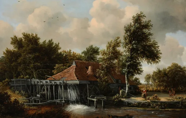 Картинка небо, деревья, пейзаж, дом, река, картина, мельница, Meindert Hobbema