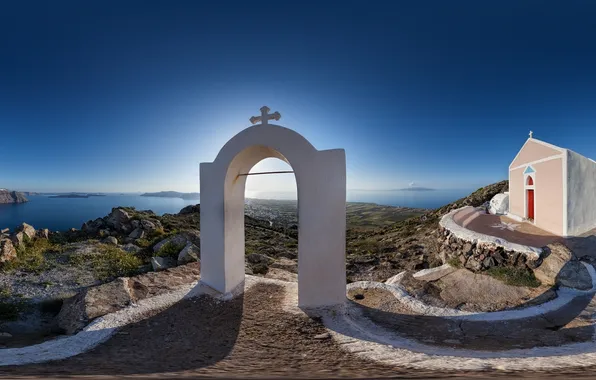 Картинка побережье, Санторини, Греция, панорама, арка, часовня, Santorini, Oia
