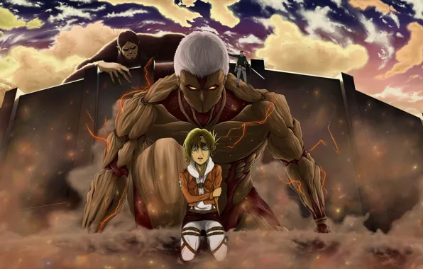 Девушка, стена, титаны, Shingeki No Kyojin, Атака титанов