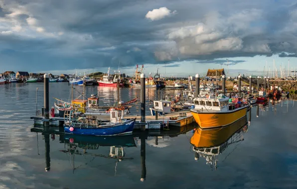 Облака, пристань, лодки, Ирландия, Howth