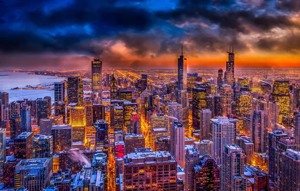 Картинка ночь, огни, высота, небоскребы, Чикаго, USA, Chicago, мегаполис