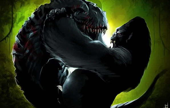 Картинка King Kong, динозавр, борьба, горилла, art, by TheRisingSoul