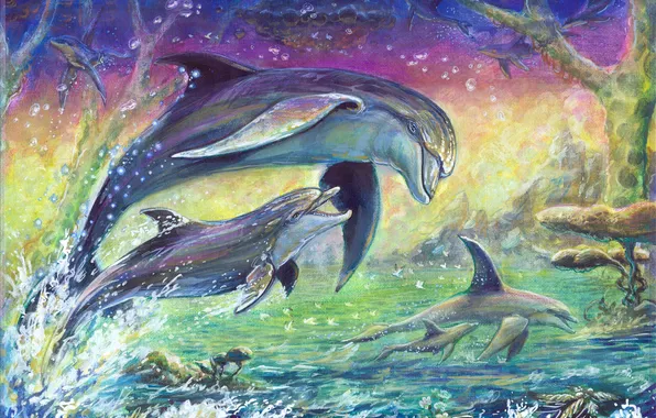Картинка море, волны, дельфины, живопись, холст