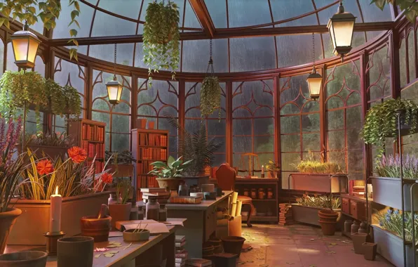 Lights, glass, rain, garden, interior