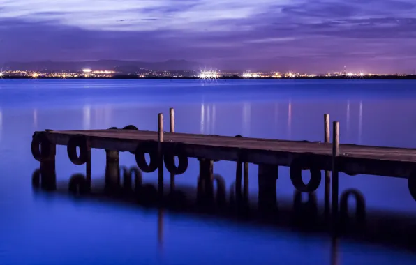 Картинка Испания, мостик, освещение, берег, фиолетовое, порт, море, огни, ночь, синее, небо