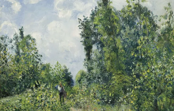 Картинка деревья, пейзаж, природа, картина, Камиль Писсарро, Странник Выходящий из Леса