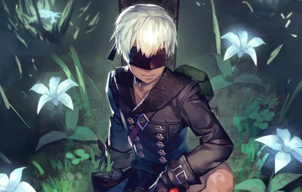 Цветы, лилии, парень, повязка на глаза, NieR Automata, YoRHa No 9 Type S