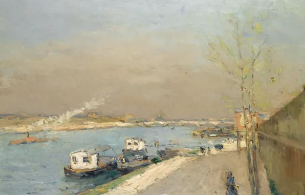 Картинка пейзаж, река, корабль, картина, Альбер-Шарль Лебур, Albert Lebourg, Набережная Сены. Весеннее Утро