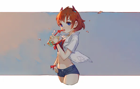 Girl, sexy, shorts, horns, red hair, anime, blue eyes, beautiful