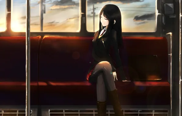 Картинка девушка, закат, улыбка, музыка, поезд, наушники, вагон, сидит