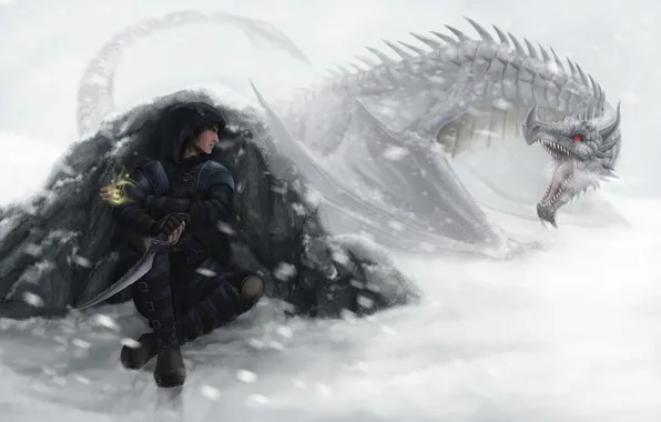Картинка зима, взгляд, снег, оружие, фантастика, магия, дракон, буря