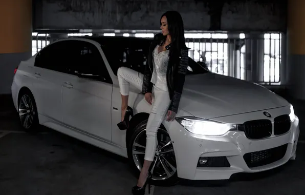 Девушки, BMW, красивая девушка, Валерия, белый авто, позирует над машиной