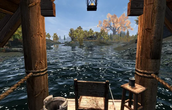 Деревья, река, камни, ведро, river, trees, chair, skyrim