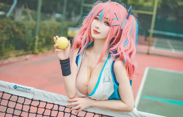 Картинка cleavage, pink hair, boobs, model, women, cosplay, Tennis, outdoors