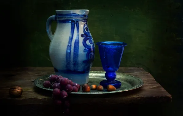 Картинка стакан, виноград, кувшин, орехи, натюрморт, A Dutch influence