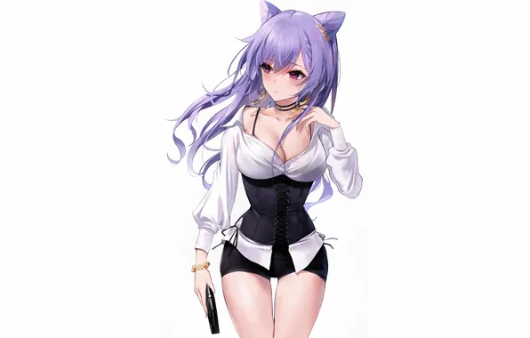 Girl, sexy, cleavage, shorts, blouse, long hair, boobs, anime