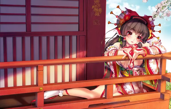 Картинка девушка, вишня, аниме, прическа, домик, кимоно, art, Touhou