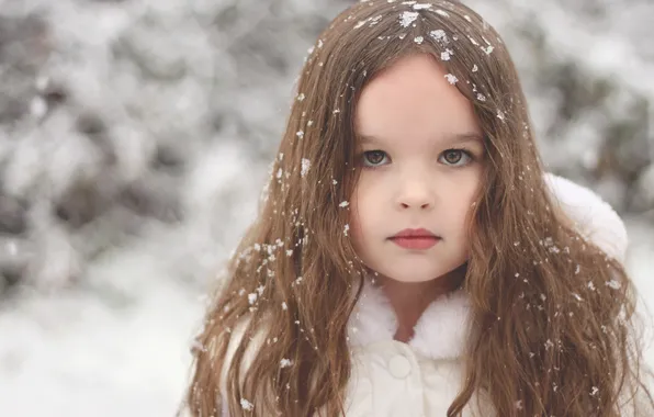 Взгляд, снег, волосы, портрет, девочка