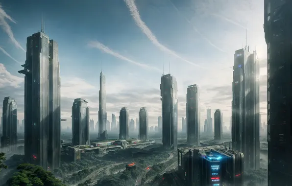 City, future, landscape, art, fantastic, cyberpunk, digital art, Futuristic