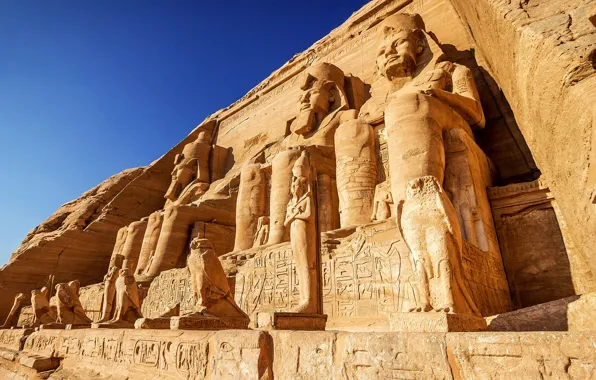 Небо, Скала, Храм, Египет, Sky, Rock, статуи, Egypt