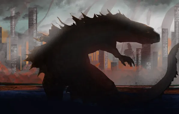 Город, дома, небоскребы, силуэт, арт, Годзилла, Godzilla
