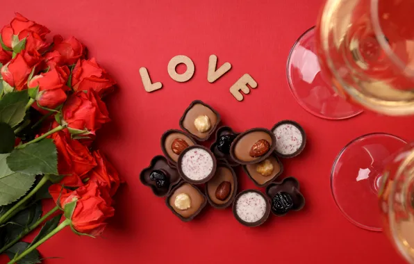 Любовь, романтика, шоколад, бокалы, red, love, happy, flowers