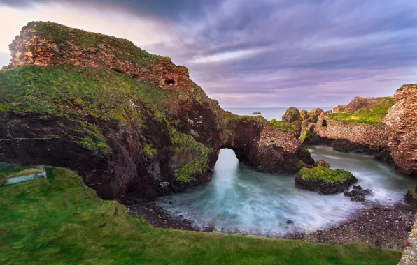 Картинка небо, облака, замок, скалы, берег, руины, шотландия, Scotland