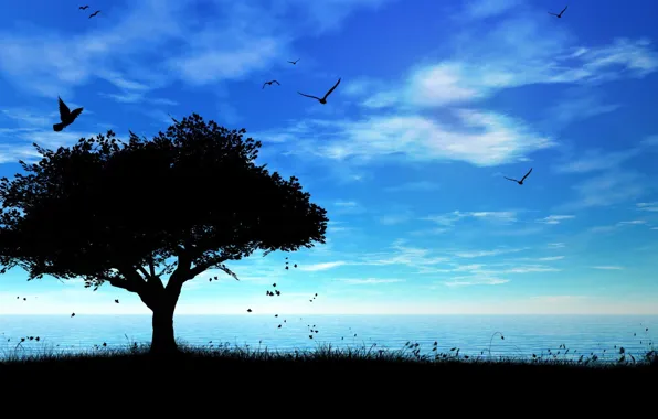 Картинка море, небо, дерево, тень, птички
