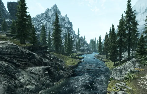 Картинка деревья, пейзаж, горы, река, The Elder Scrolls V Skyrim