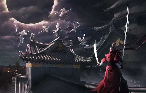 Картинка крыша, ночь, оружие, азия, меч, воин, арт, затмение