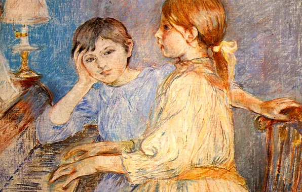 Музыка, лампа, картина, пианино, Berthe Morisot, The Piano