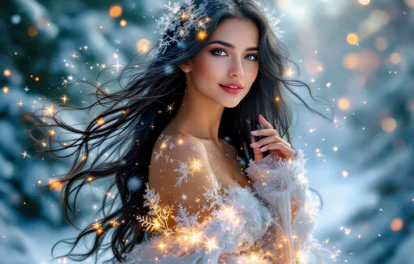 Зима, лес, взгляд, девушка, снег, снежинки, природа, лицо
