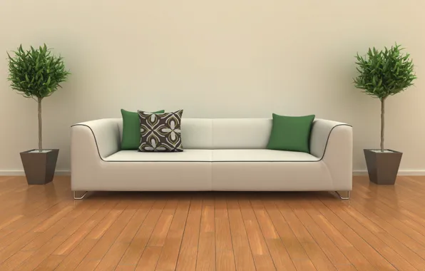 Картинка белый, дизайн, комната, диван, интерьер, растения, подушки, зеленые