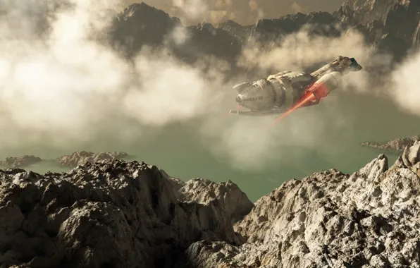 Sky, clouds, rocks, spaceship, planet, island in terrain, Миссия серенити